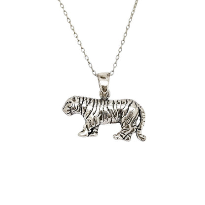 Vintage sterling silver 3D walking tiger pendant necklace on cable chain