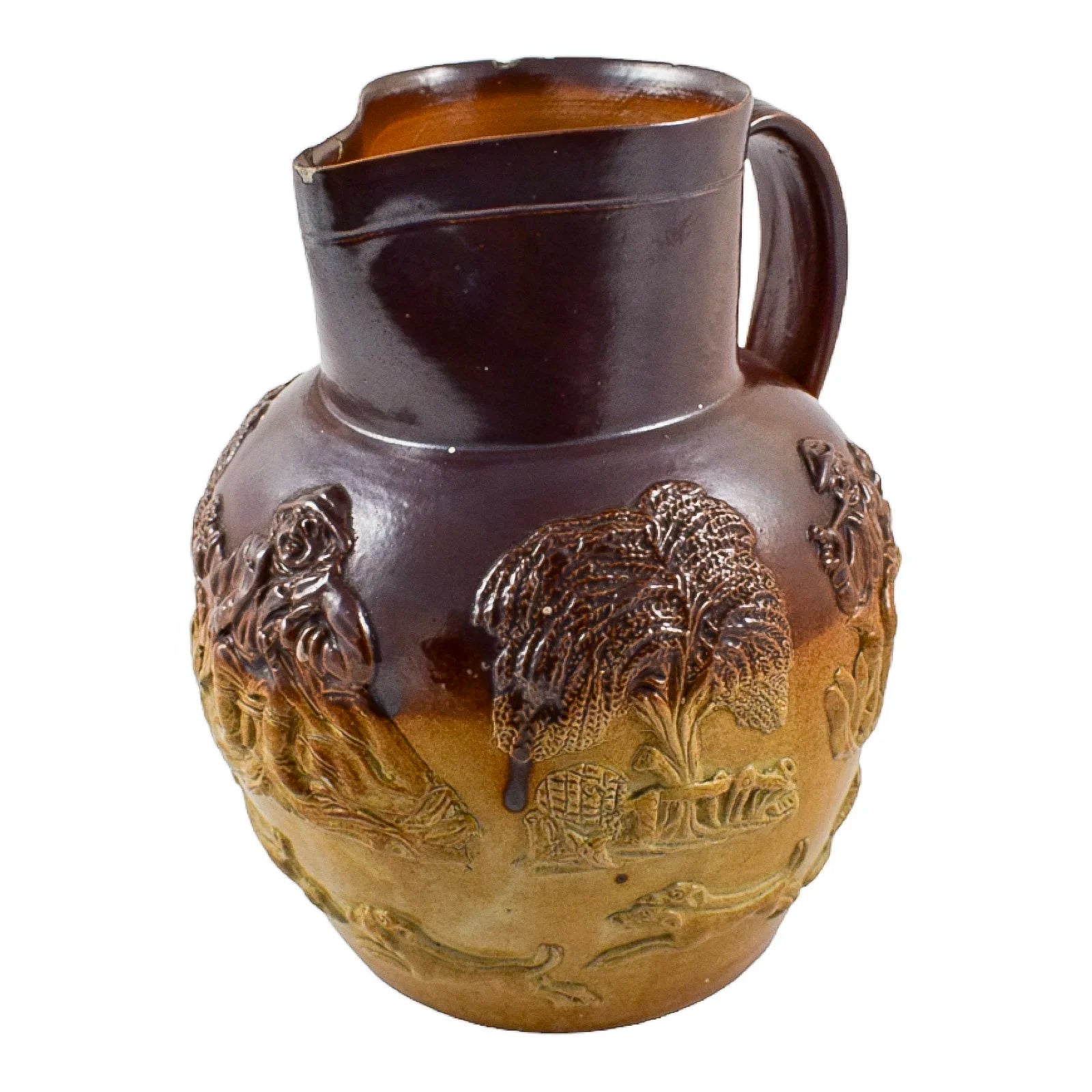 Victorian salt glaze two-tone stoneware jug with foxhunt and village scenes, style of Doulton Lambeth