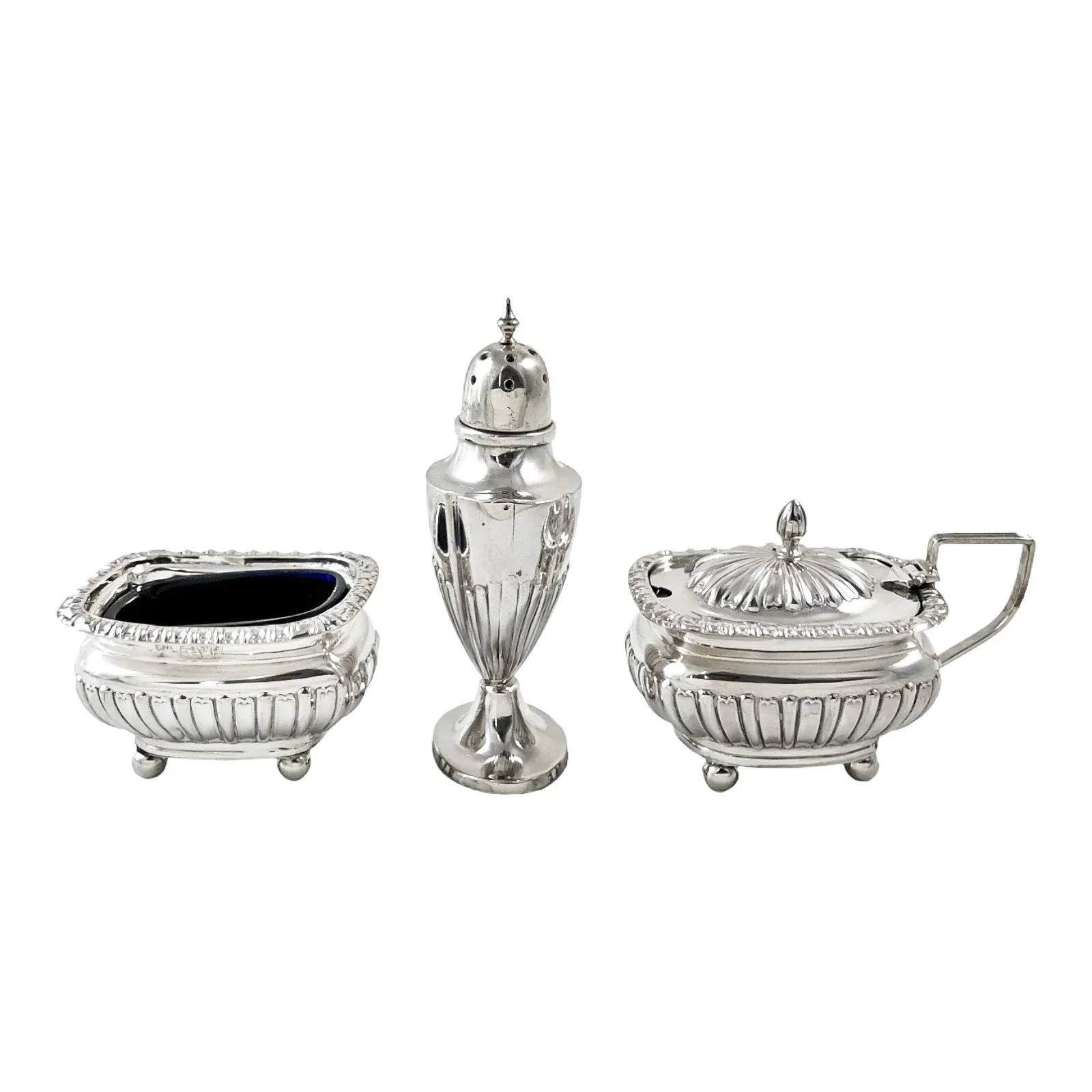 Edwardian Chester sterling silver fluted condiment set - mustard pot, salt and pepperette