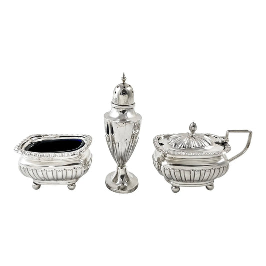 Edwardian Chester sterling silver fluted condiment set - mustard pot, salt and pepperette