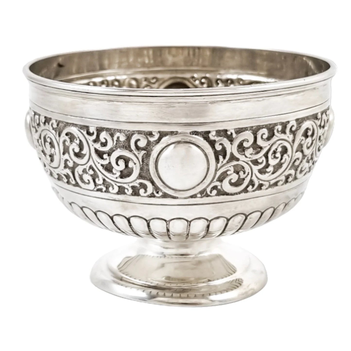 Victorian large sterling silver sugar /candy bowl embossed with scrolls, Walker & Hall