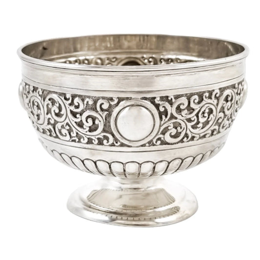 Victorian large sterling silver sugar /candy bowl embossed with scrolls, Walker & Hall