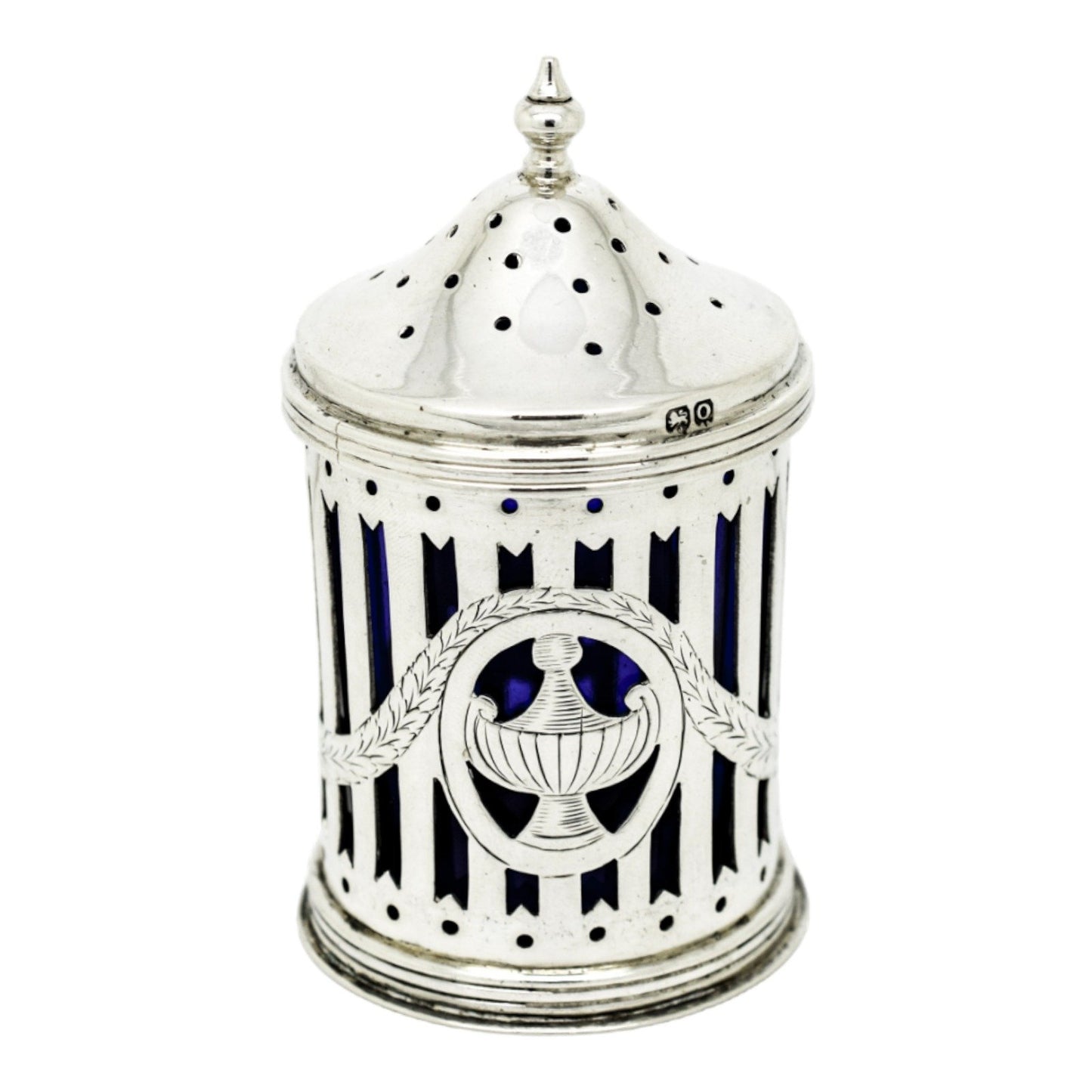 Neoclassical urn sterling silver Bristol glass pepper shaker / sugar caster/ muffineer