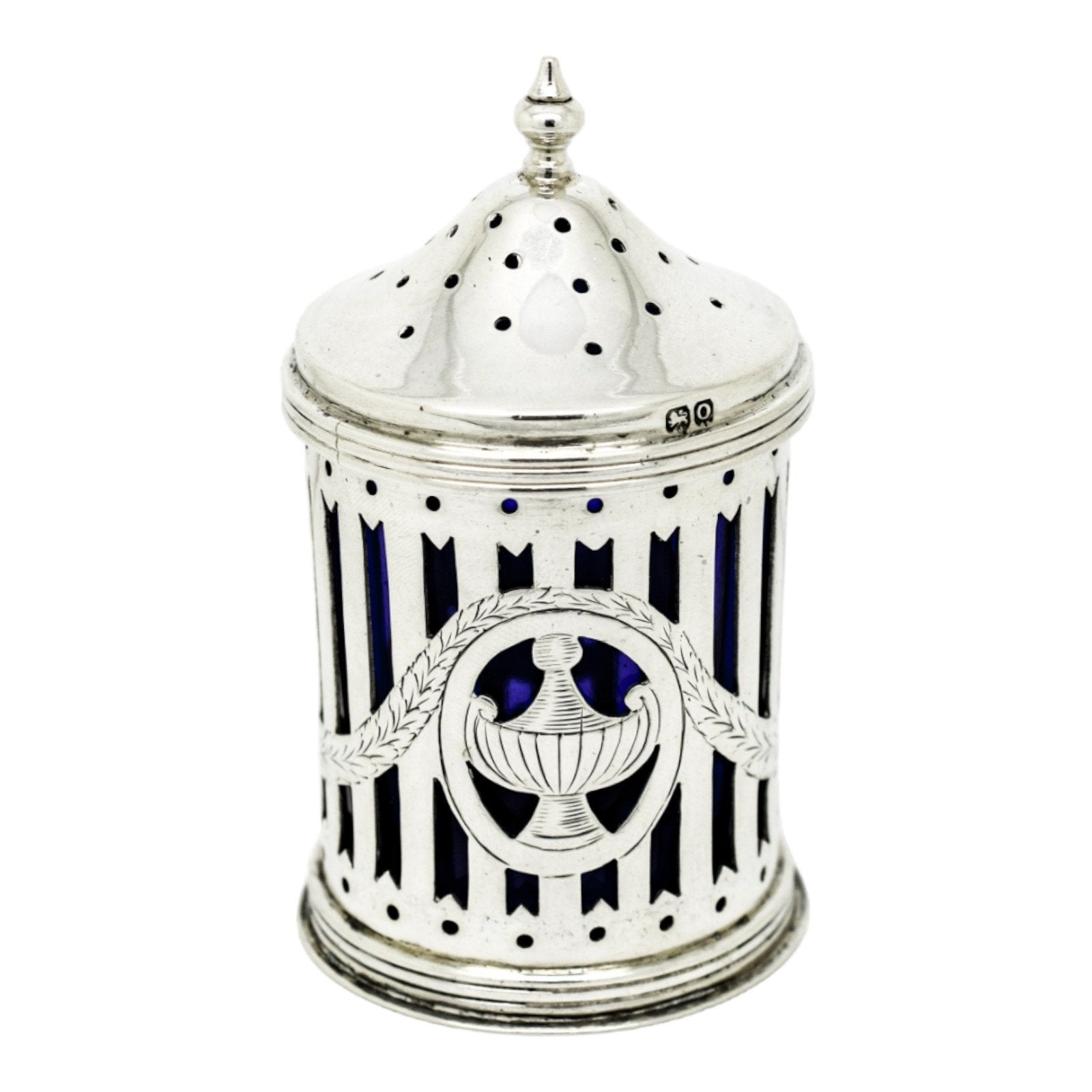 Neoclassical urn sterling silver Bristol glass pepper shaker / sugar caster/ muffineer
