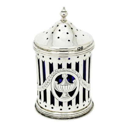 Neoclassical urn sterling silver Bristol glass pepper shaker / sugar caster/ muffineer
