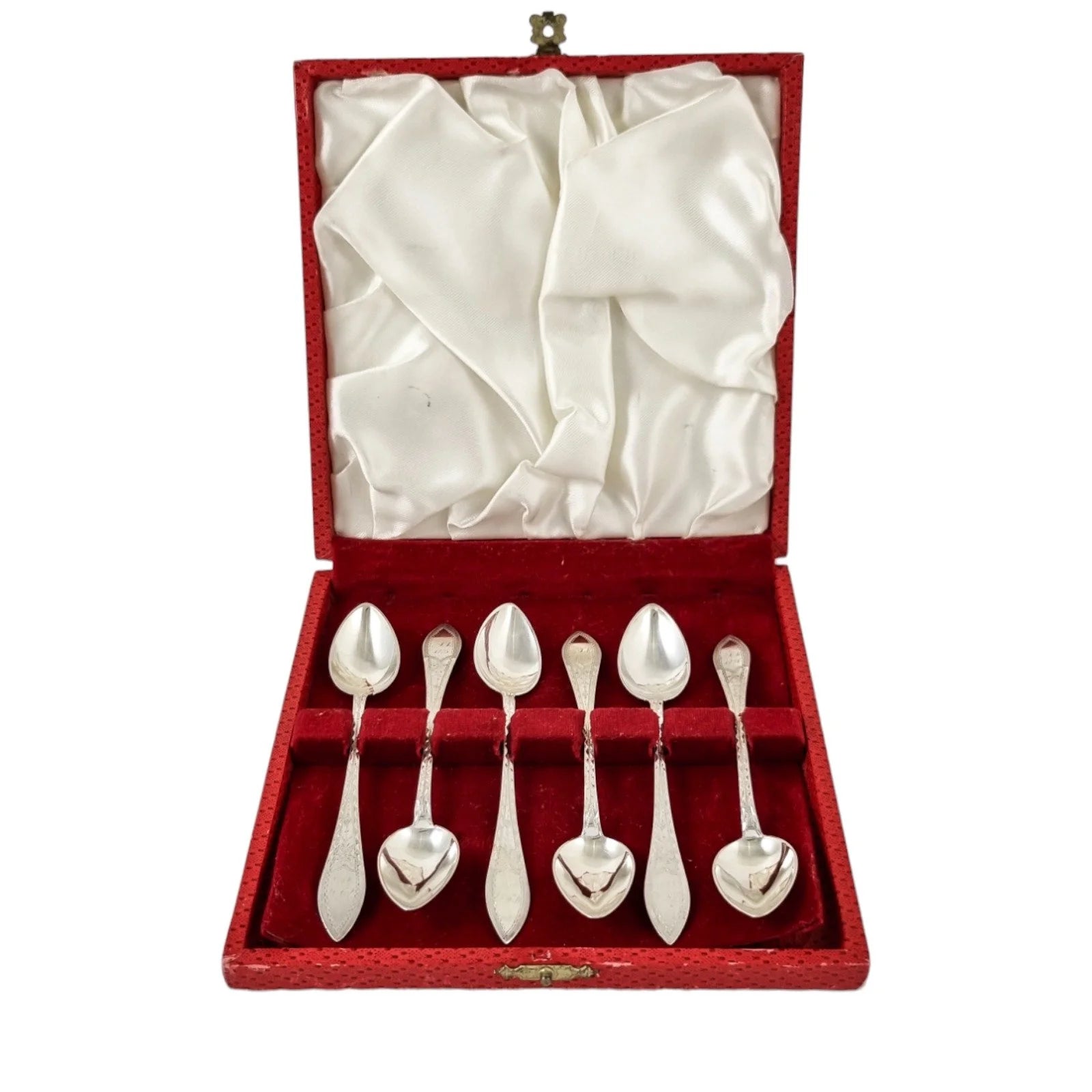 Antique set 6 Danish solid silver long bright-cut teaspoons, I. Bronee (1904)