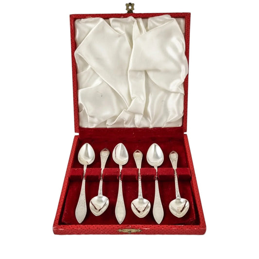 Antique set 6 Danish solid silver long bright-cut teaspoons, I. Bronee (1904)