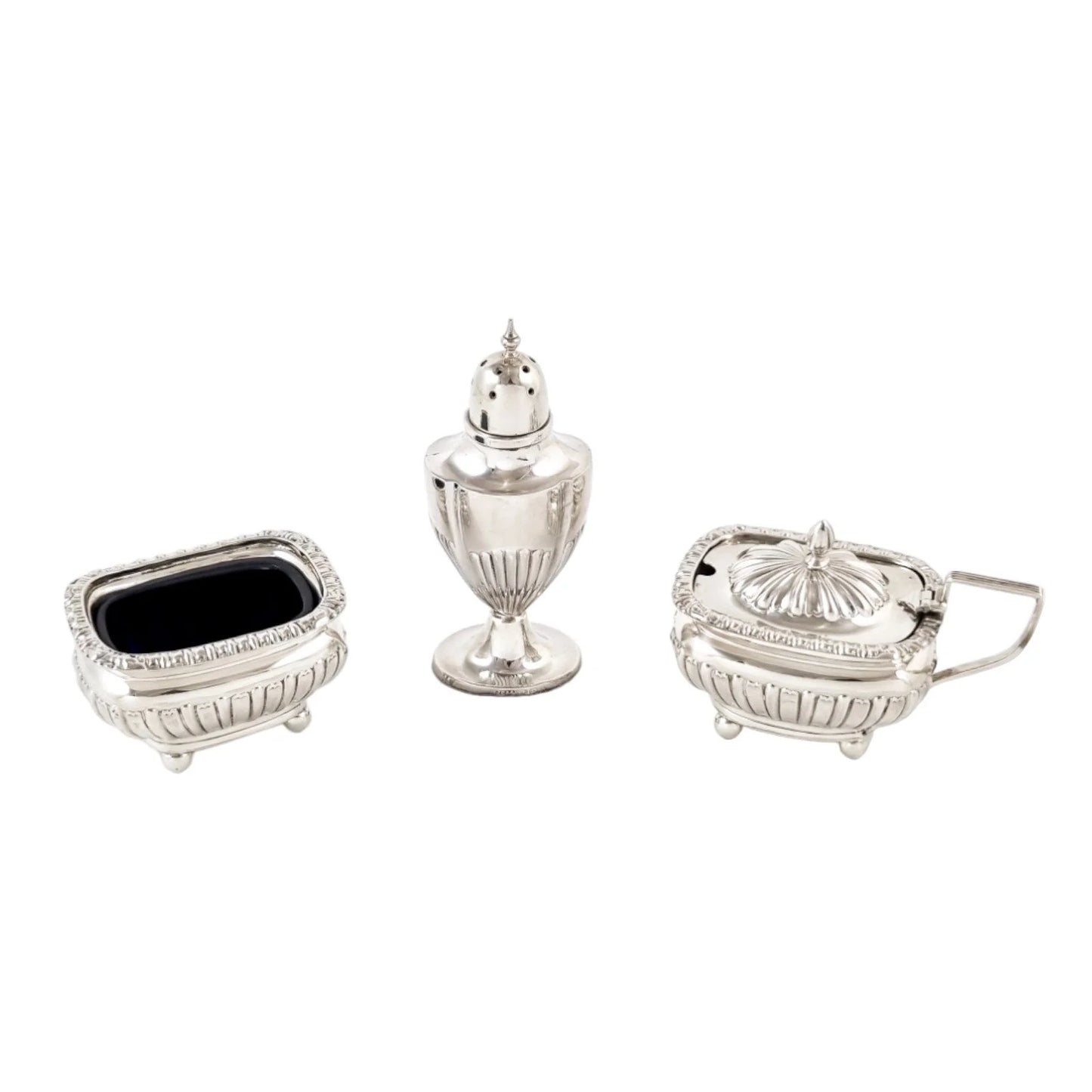Edwardian Chester sterling silver fluted condiment set - mustard pot, salt and pepperette