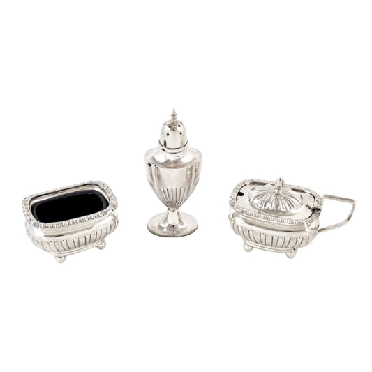 Edwardian Chester sterling silver fluted condiment set - mustard pot, salt and pepperette