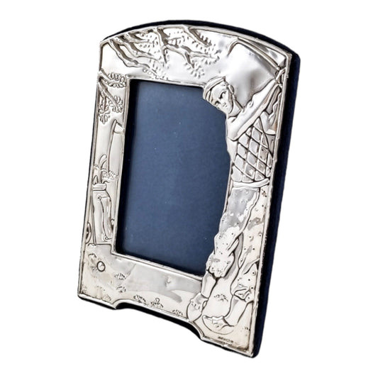 Sterling silver strut easel photo frame with golfer, golfing caddy and tree
