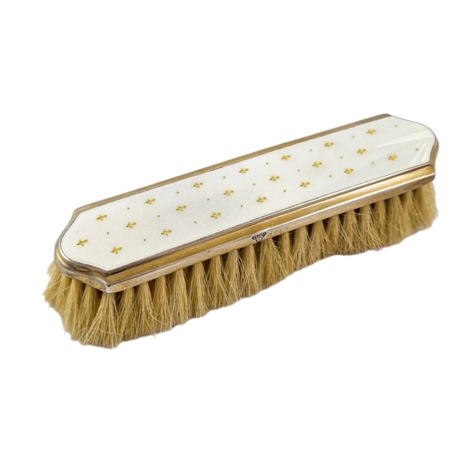 Garrard & Co gilded silver white guilloché enamel clothes brush with gold fleur-de-lis