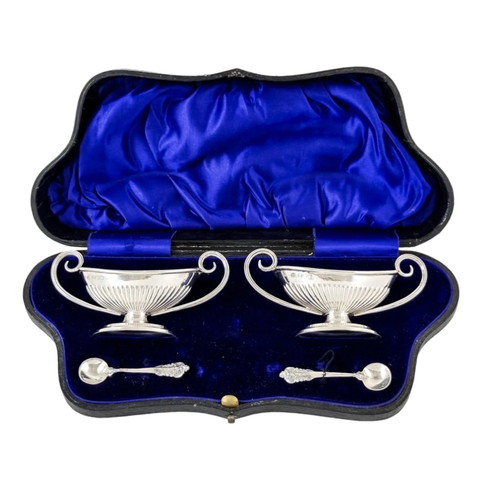 Edwardian set of 2 Neoclassical gilt sterling silver boxed navette salts with spoons