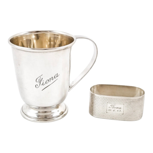 Vintage sterling silver Christening cup and engine-turned napkin ring set "Fiona"