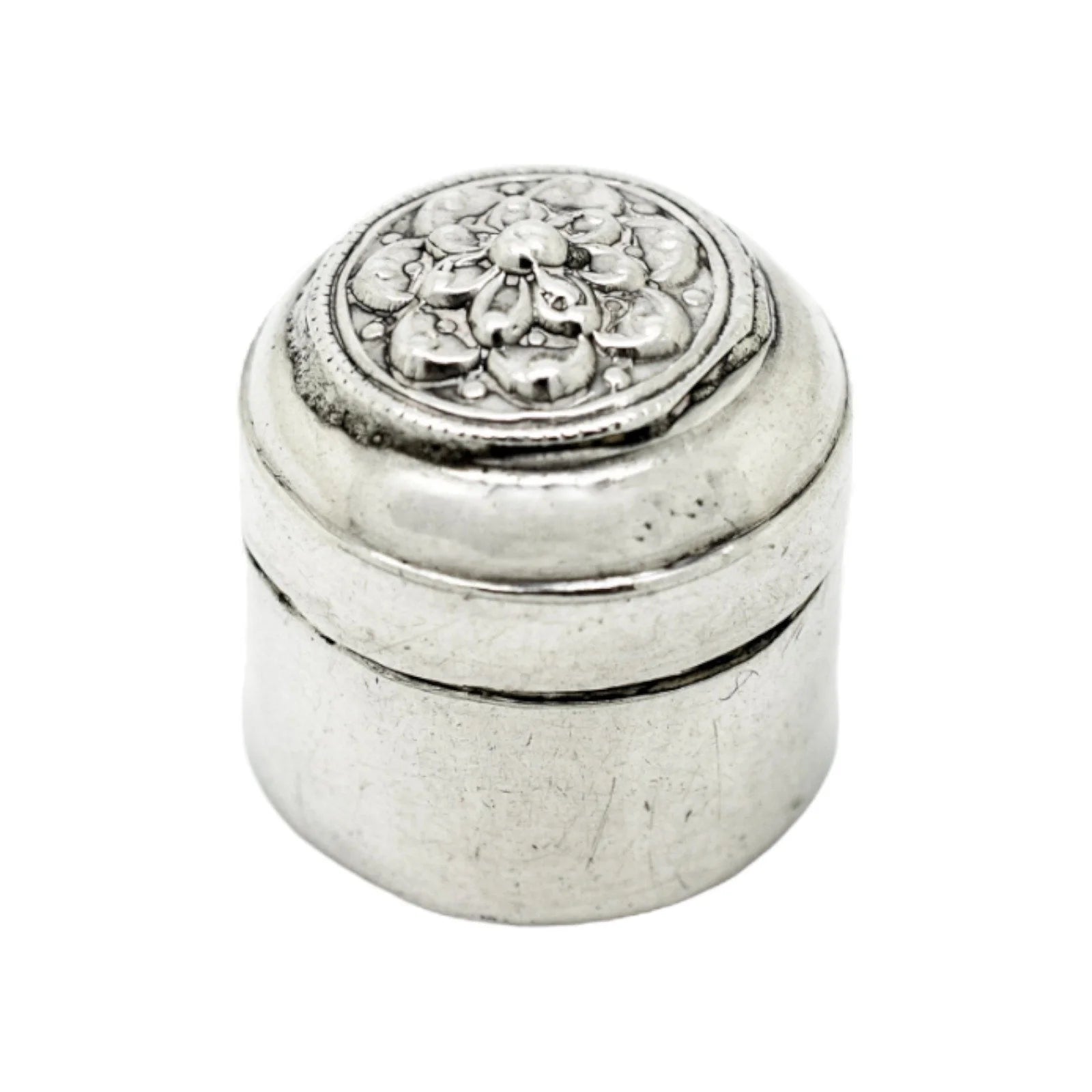 Middle Eastern silver round pill box with lotus flower lid