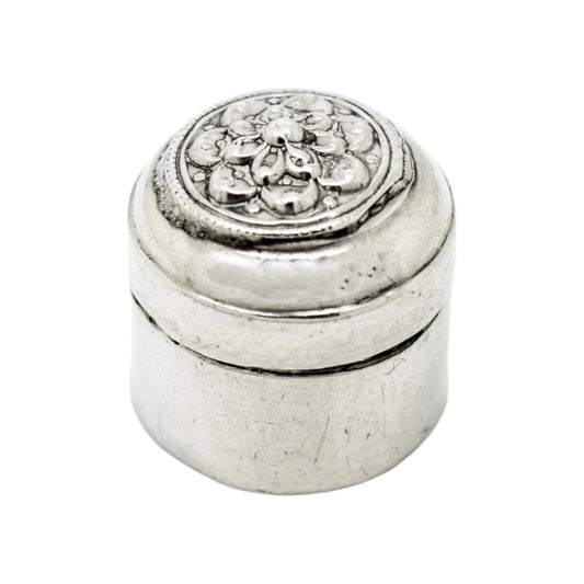 Middle Eastern silver round pill box with lotus flower lid
