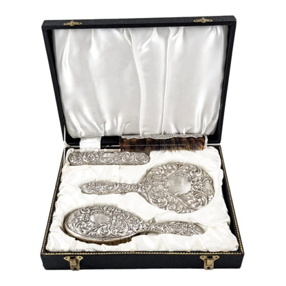 Cased vintage sterling silver 4 piece vanity dressing table set; mirror, brush, comb