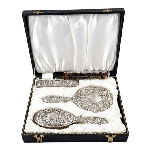 Cased vintage sterling silver 4 piece vanity dressing table set; mirror, brush, comb