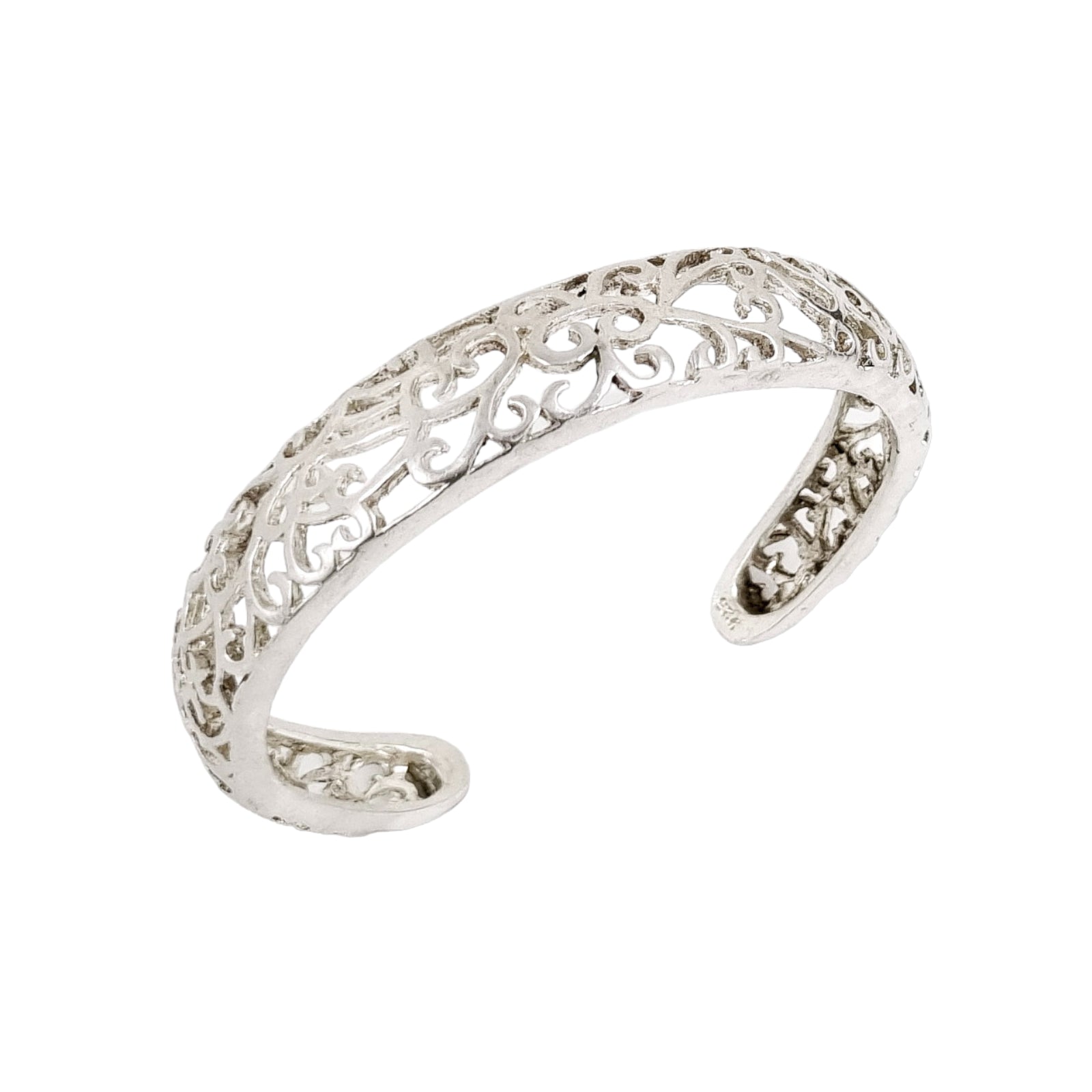 Vintage sterling silver cuff bracelet, intricate pierced scrolling design, USA, c. 1970s