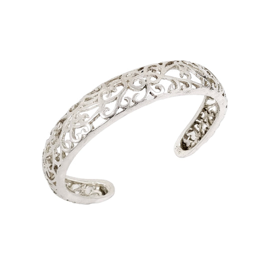 Vintage sterling silver cuff bracelet, intricate pierced scrolling design, USA, c. 1970s