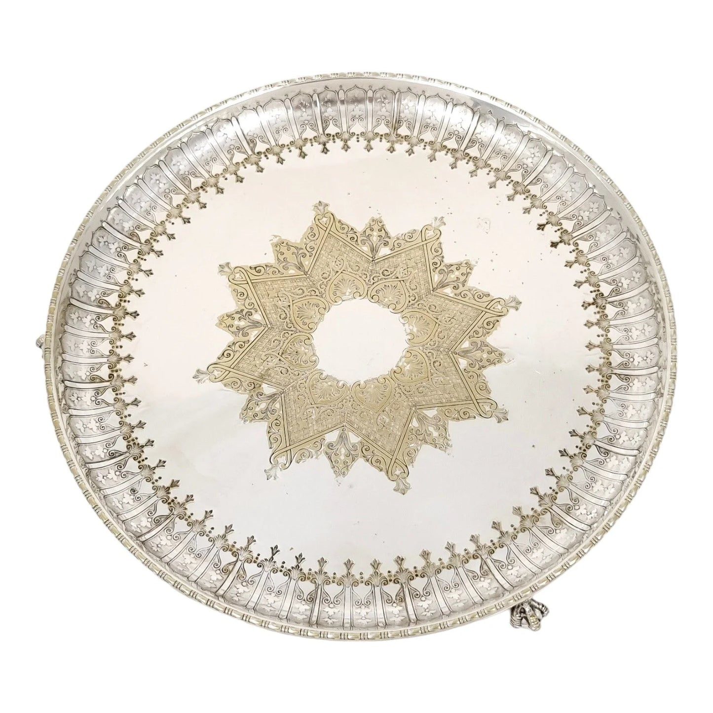 Victorian Walker & Hall silver plated Neoclassical tray on bird claw feet, engraved leaves and scrolls