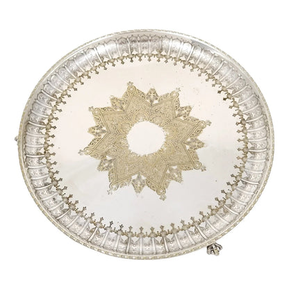 Victorian Walker & Hall silver plated Neoclassical tray on bird claw feet, engraved leaves and scrolls