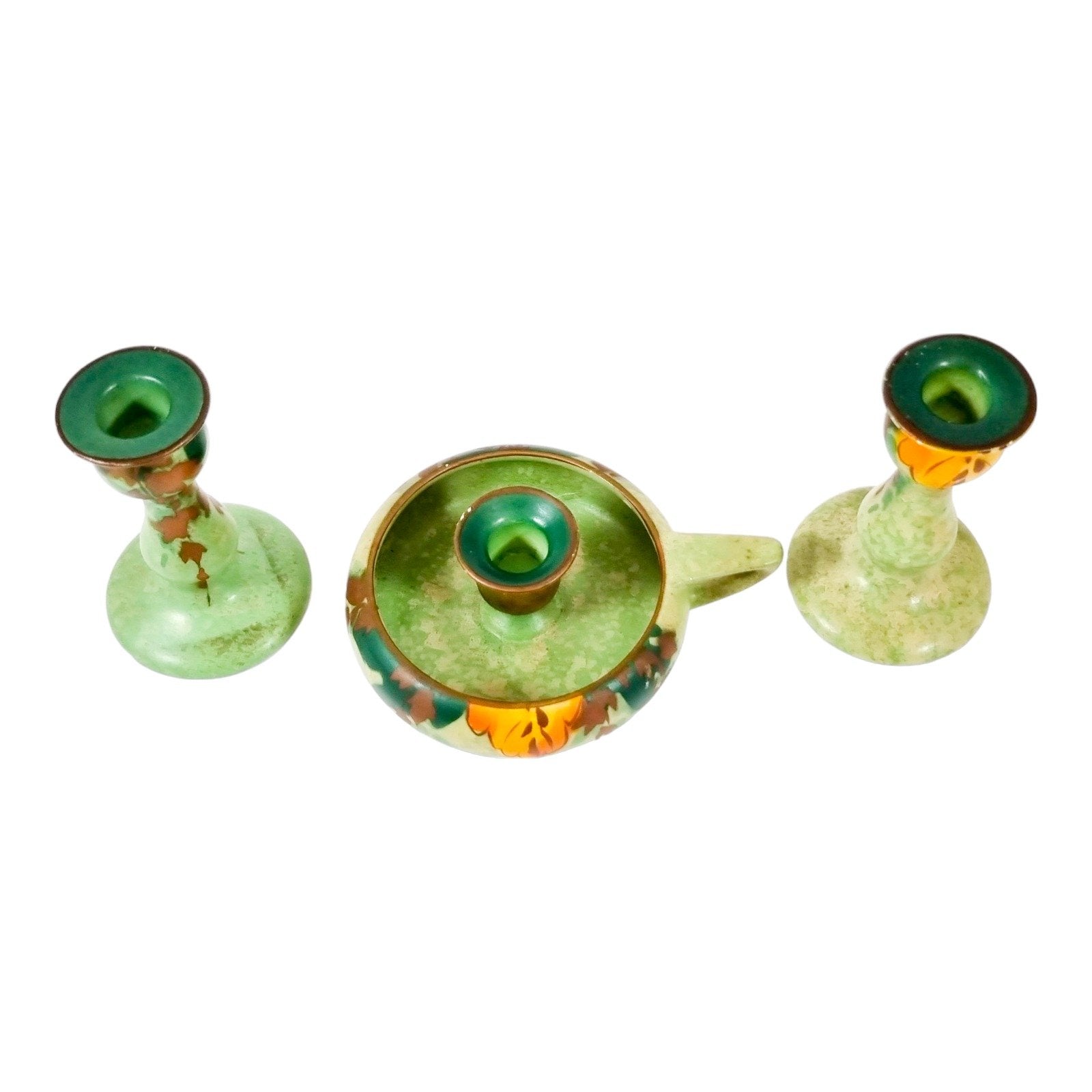 Studio Pottery green chamberstick and 2 matching candlesticks decorated with autumn oak leaves