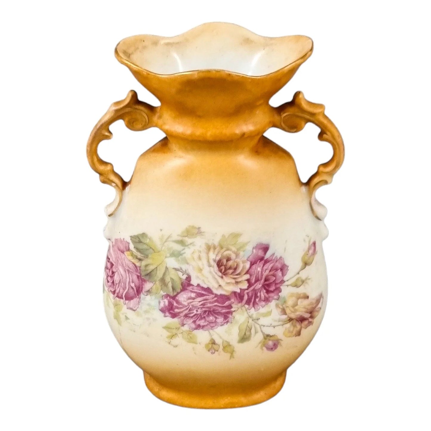 Art Nouveau Bohemian two-handled single-flower porcelain vase decorated with roses