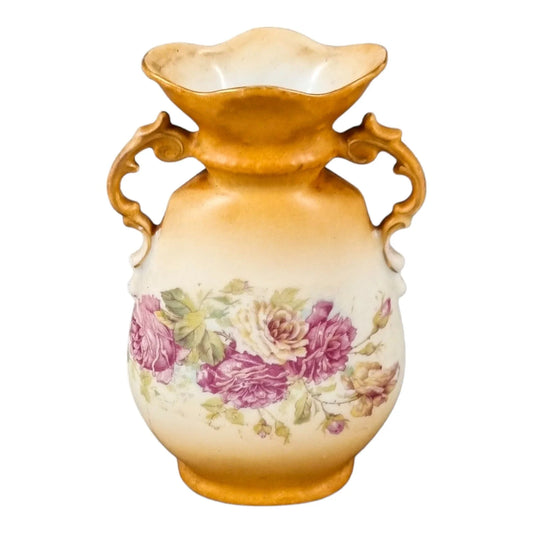 Art Nouveau Bohemian two-handled single-flower porcelain vase decorated with roses