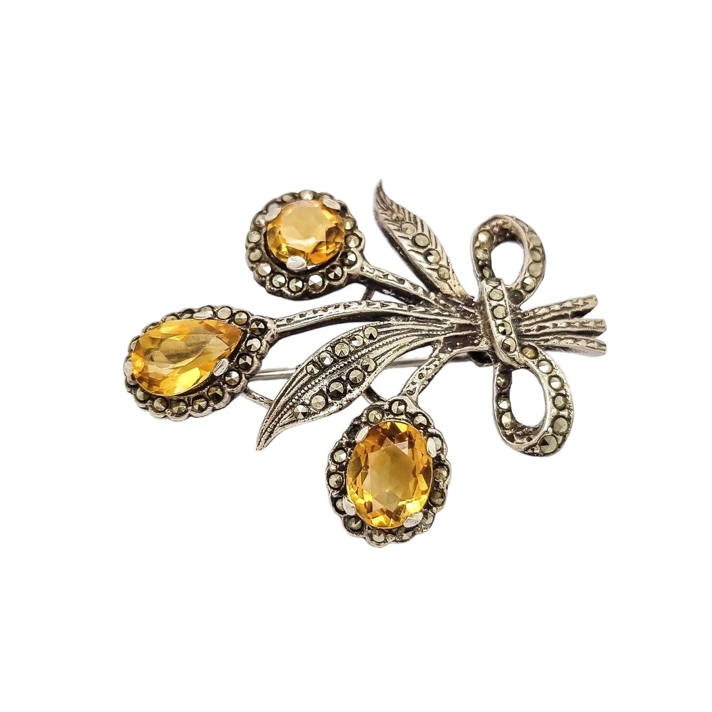 Art Deco sterling silver citrine floral spray brooch with marcasites
