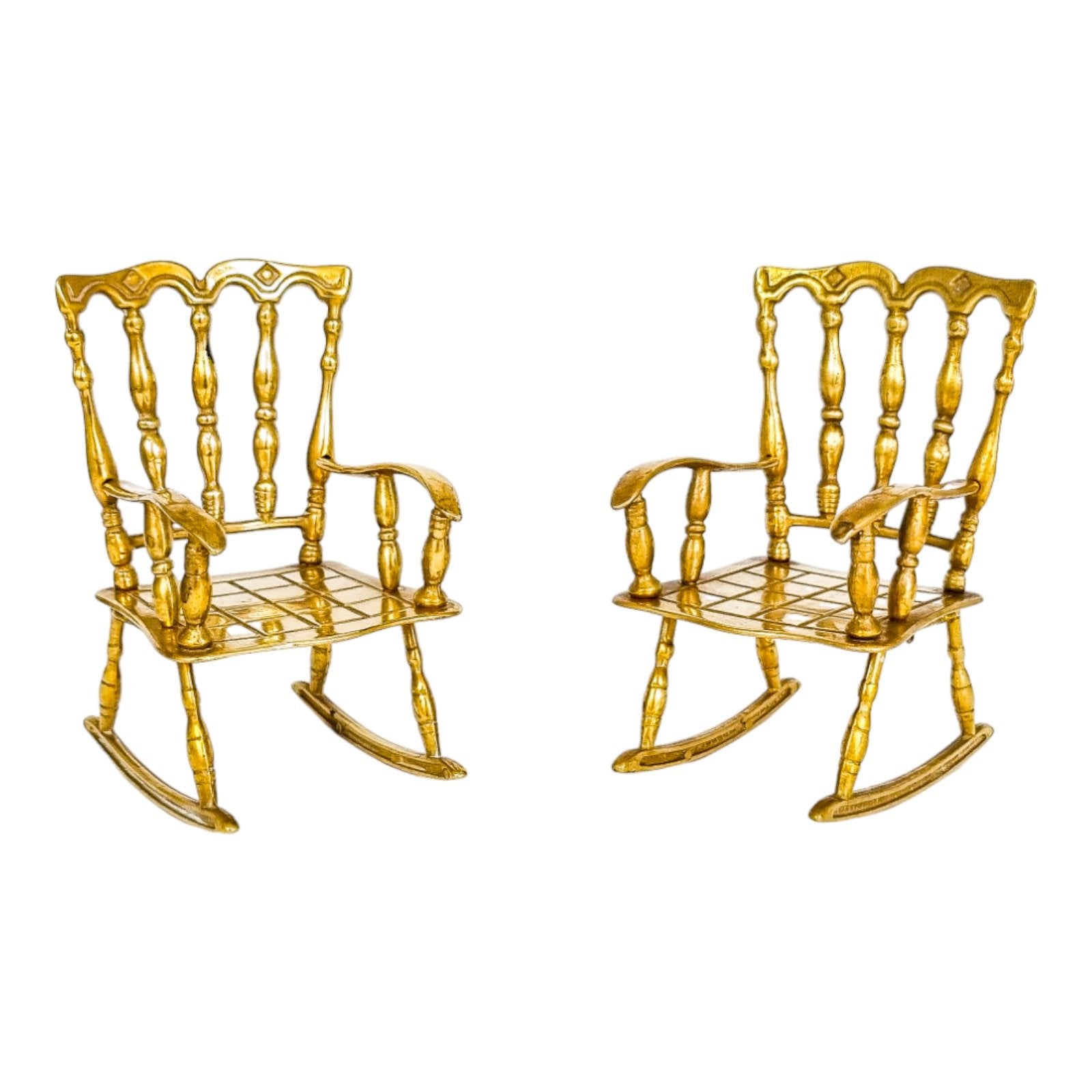 Vintage brass pair of 2 miniature rocking armchairs, dollhouse furniture