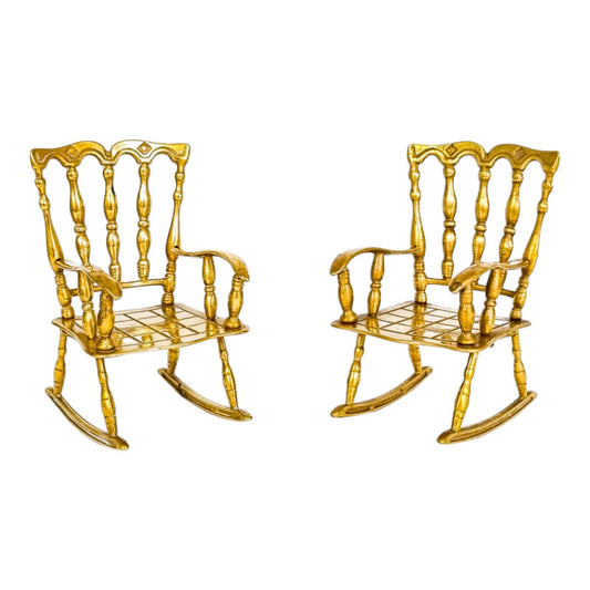 Vintage brass pair of 2 miniature rocking armchairs, dollhouse furniture