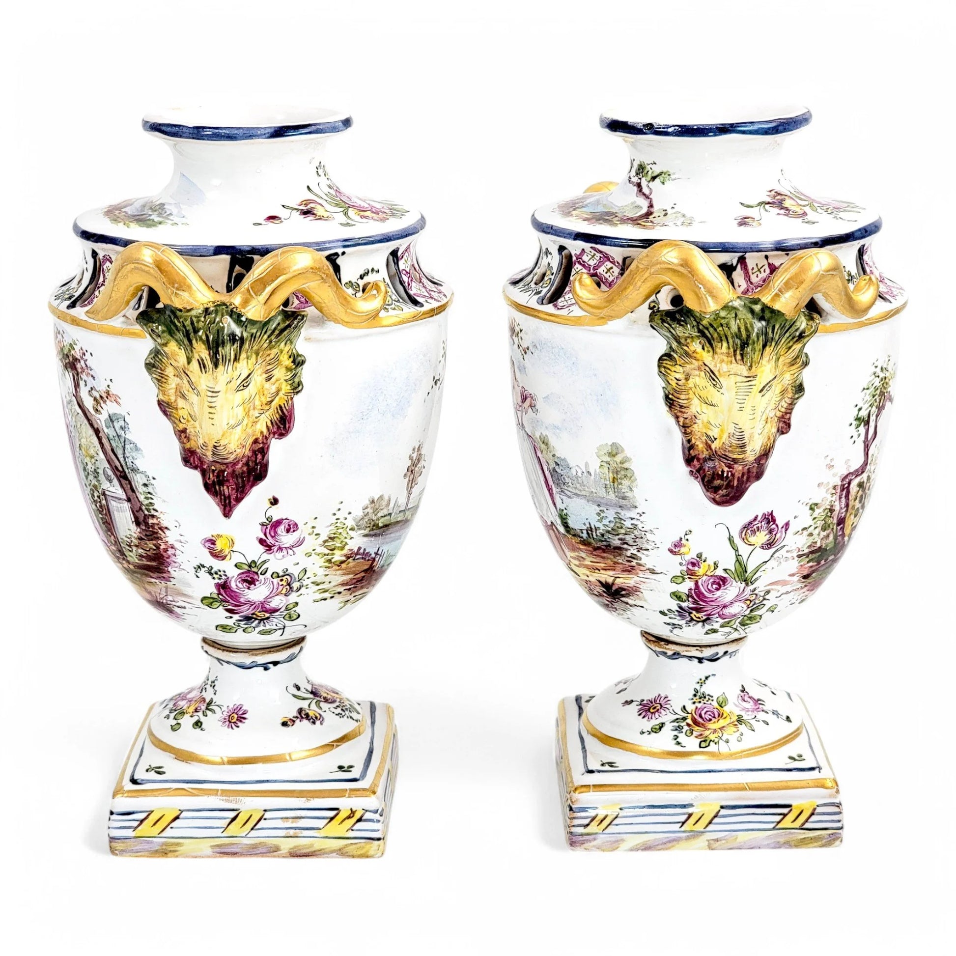 Rare 18th century French faience urns by Veuve Perrin with hand-painted pastoral scenes in Rococo style