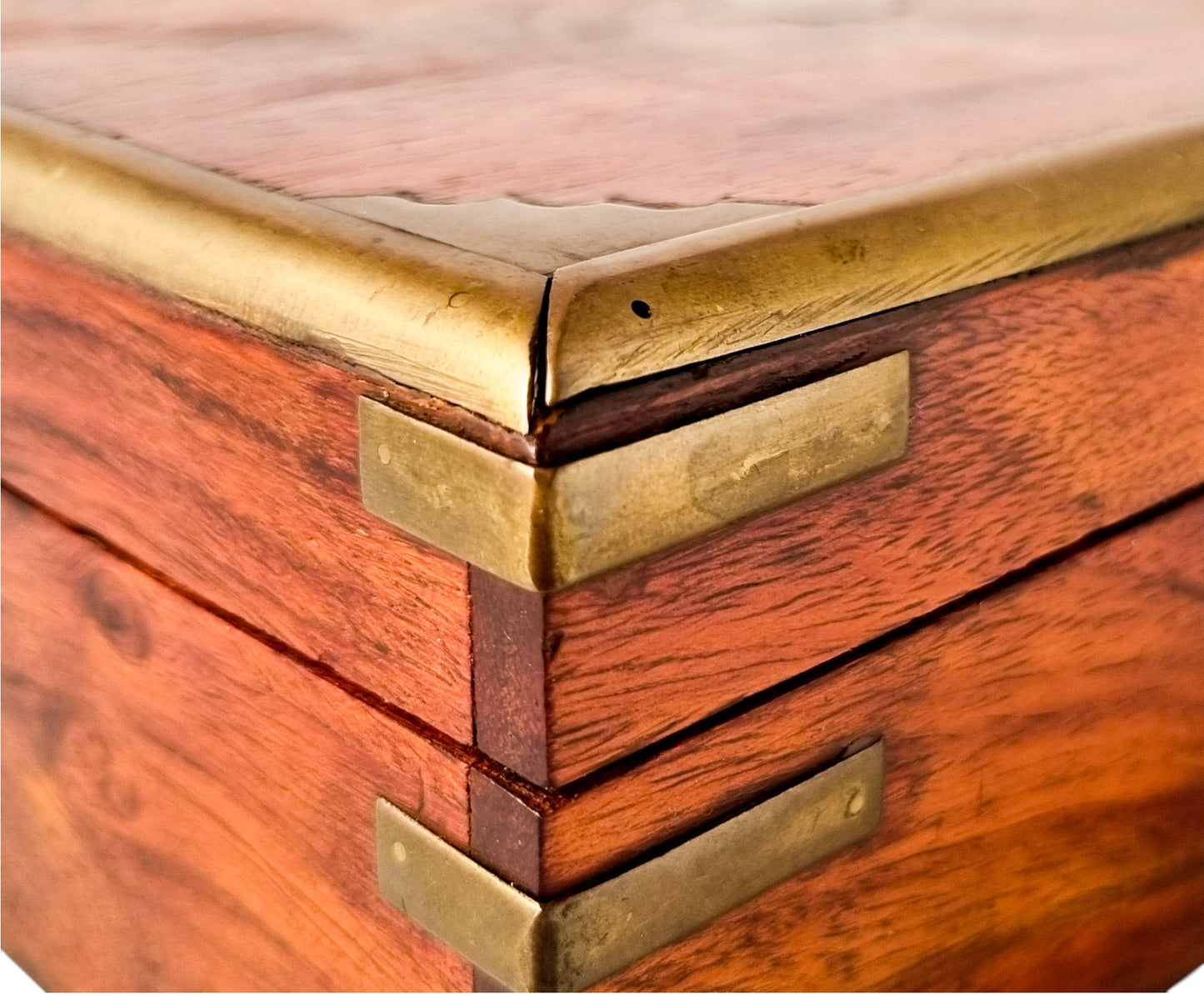 Vintage Indian rosewood campaign style box, brass-bound