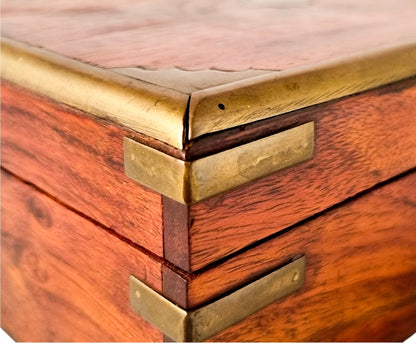 Vintage Indian rosewood campaign style box, brass-bound