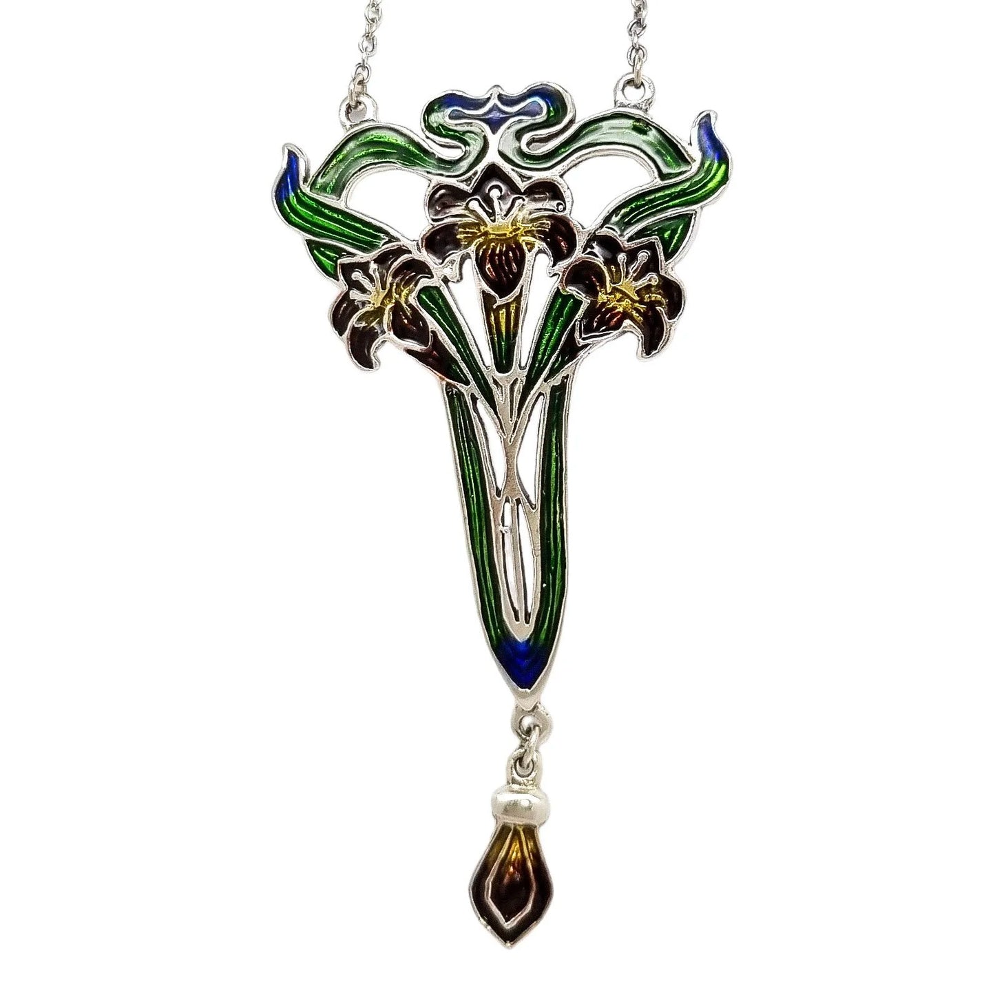 Art Nouveau sterling silver enamel floral pendant necklace