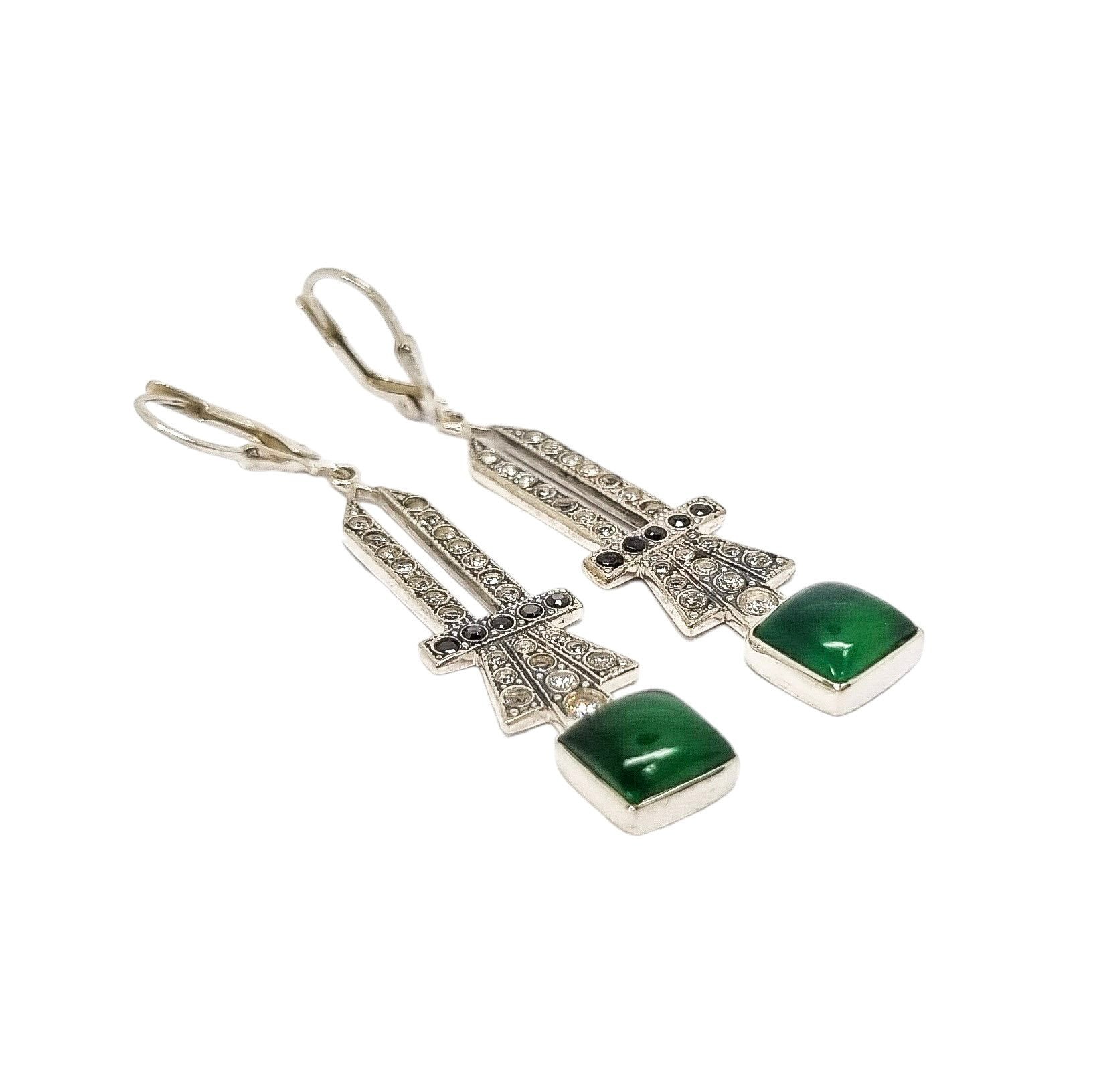 Art Deco sterling silver jade openwork dangle drop earrings