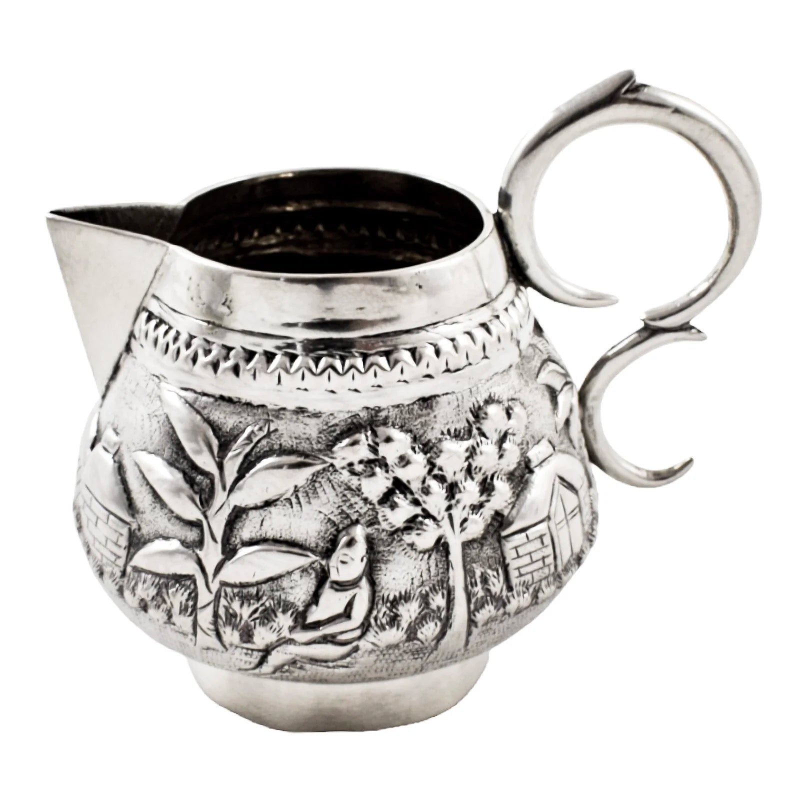 Colonial Raj Calcutta silver milk jug / creamer embossed with village scenes