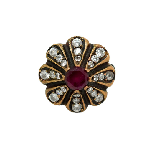 Vintage Renaissance style sterling silver and ruby floral statement cocktail cluster ring, size P