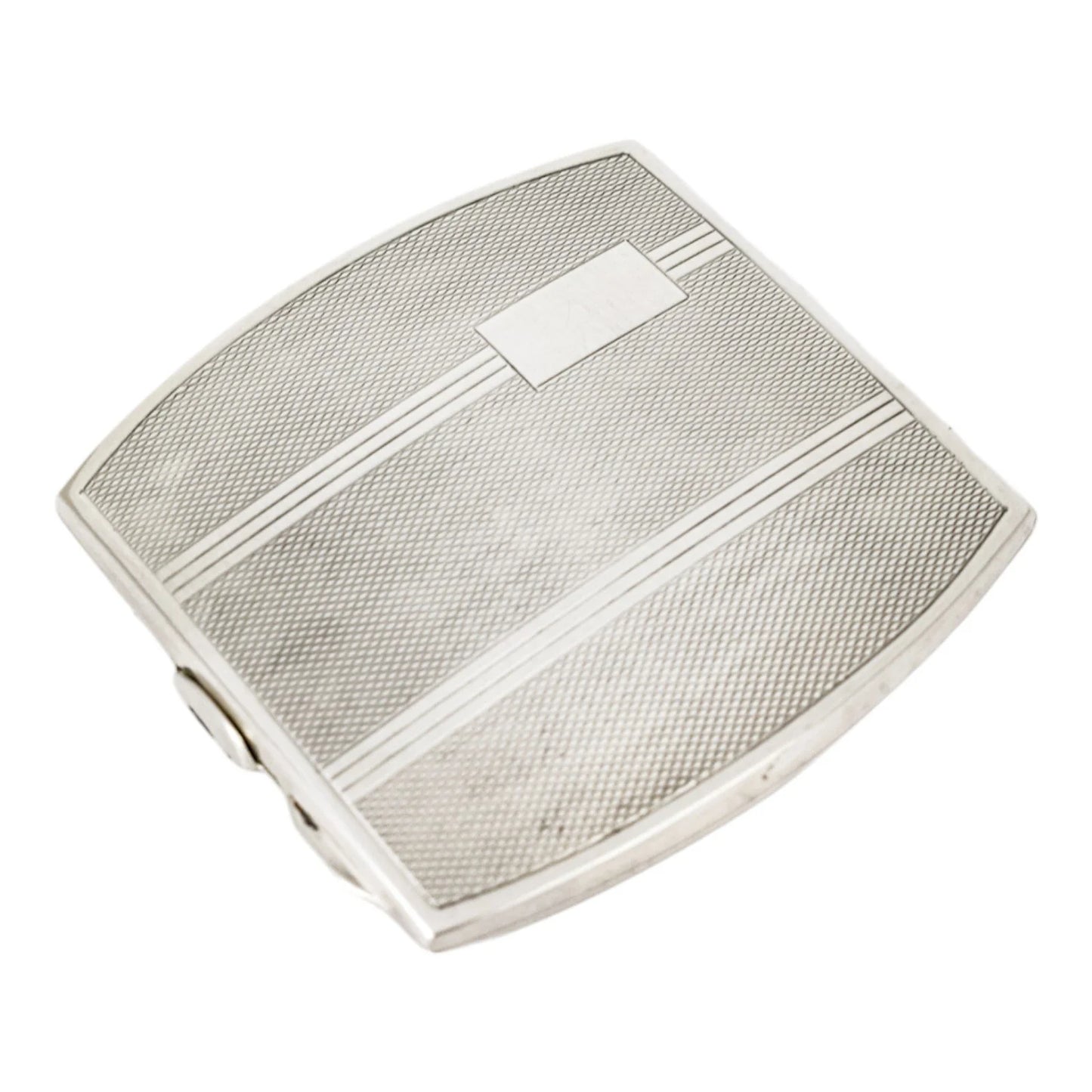 Sterling silver Art Deco engine-turned square compact powder case with mirror