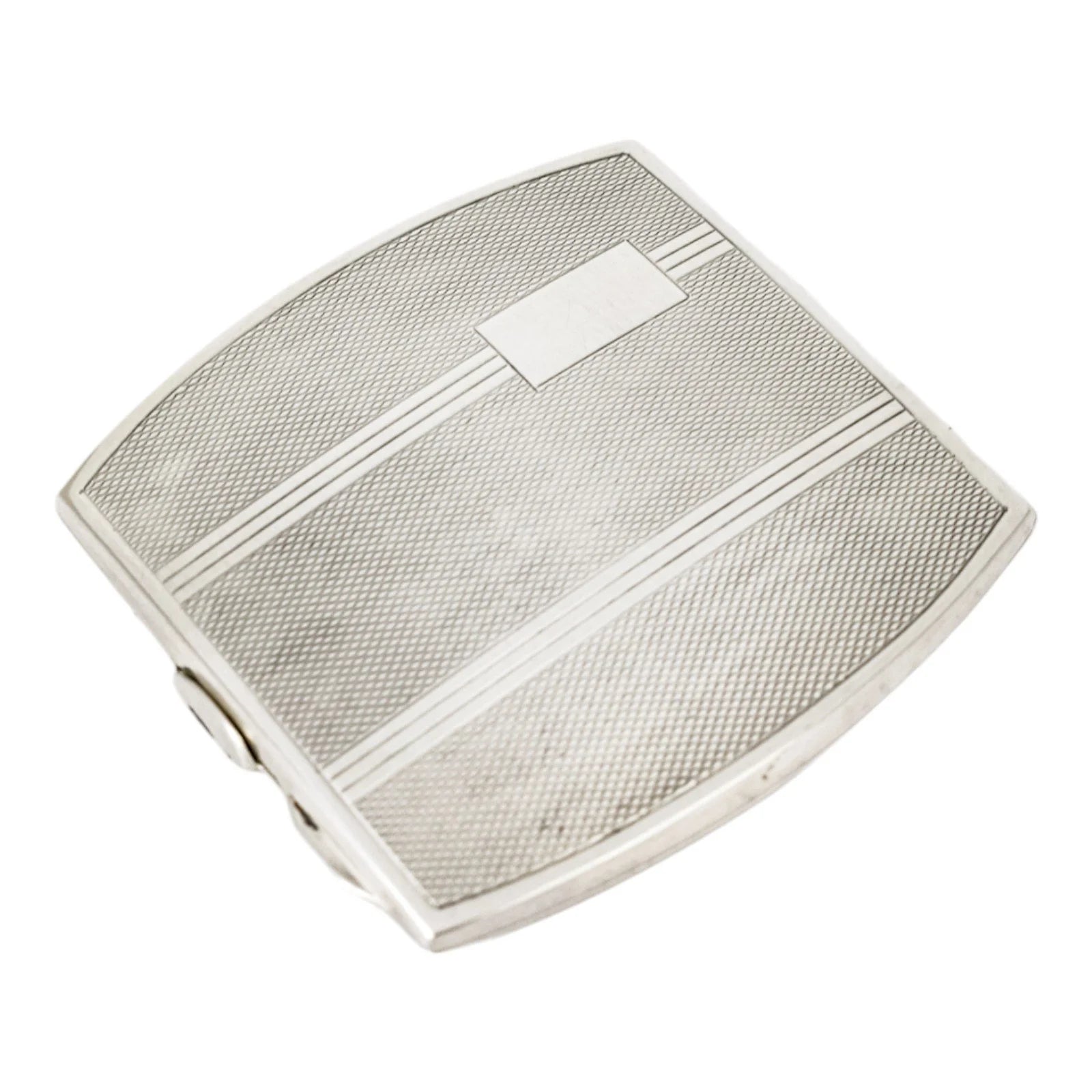 Sterling silver Art Deco engine-turned square compact powder case with mirror