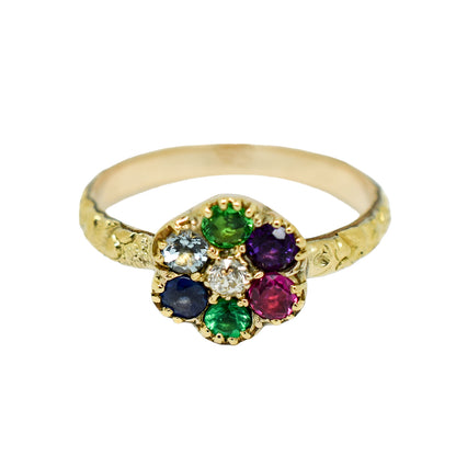 "DEAREST" acrostic Victorian daisy cluster ring (Diamond, Emerald, Amethyst, Ruby, Emerald, Sapphire, Topaz), size M