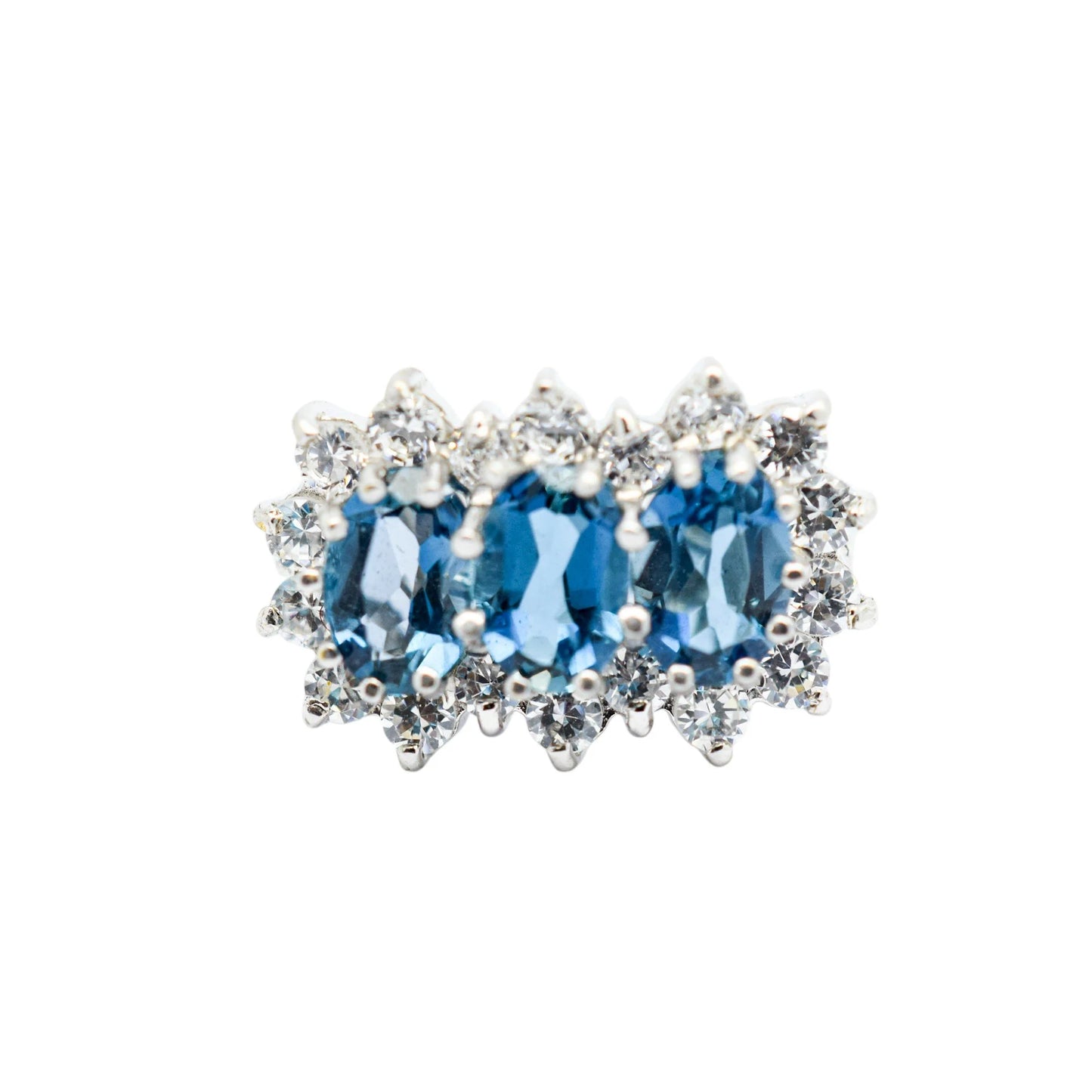 Vintage 1980's three-stone blue topaz cluster ring, 9ct yellow gold, size K 1/2