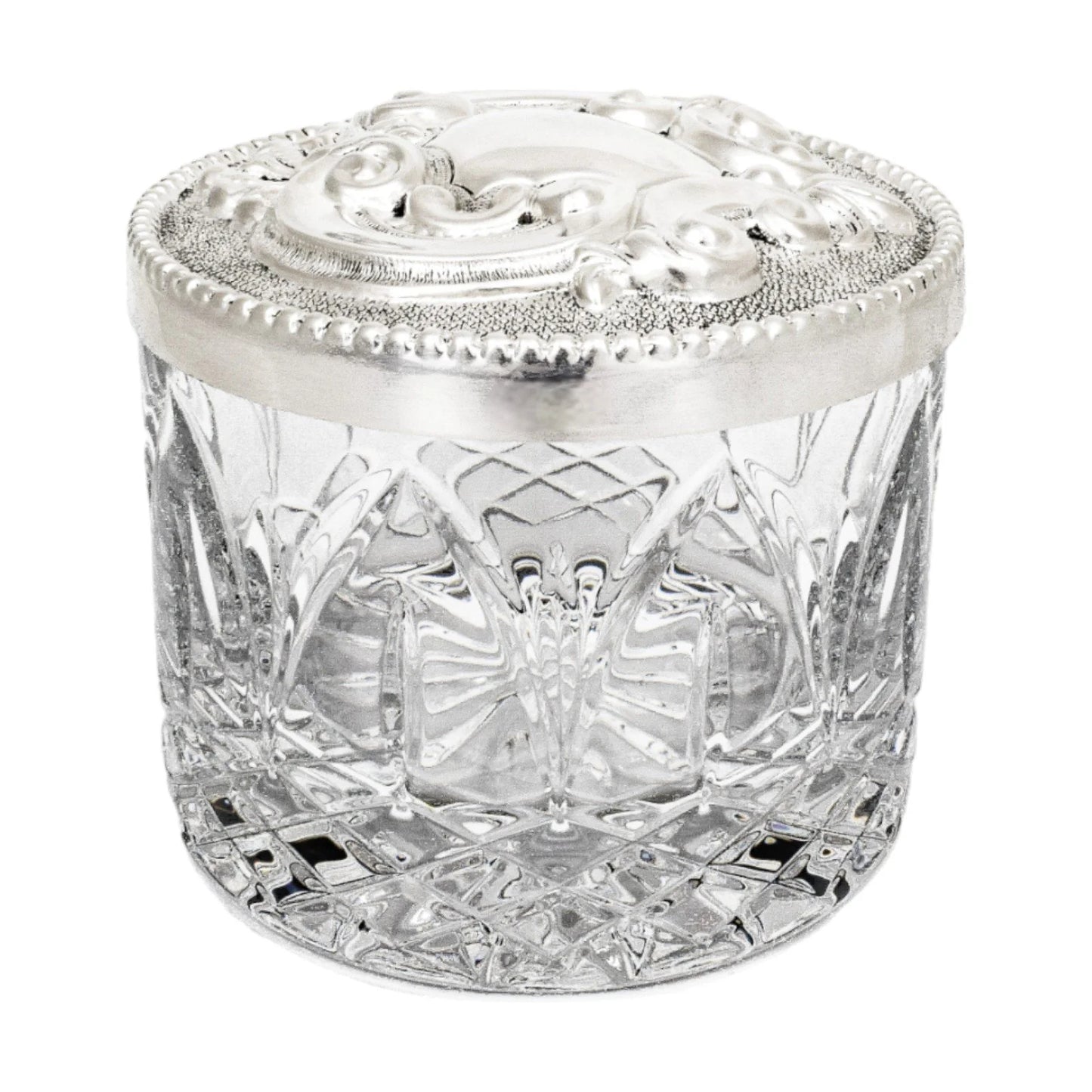 Vintage Carrs sterling silver Atlantis lead crystal large round vanity dressing table box