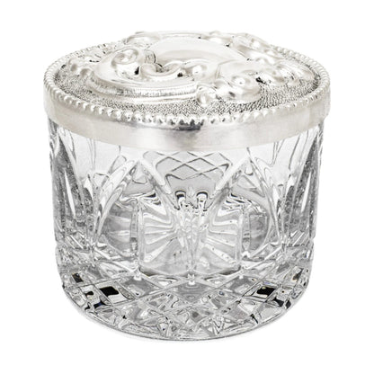 Vintage Carrs sterling silver Atlantis lead crystal large round vanity dressing table box