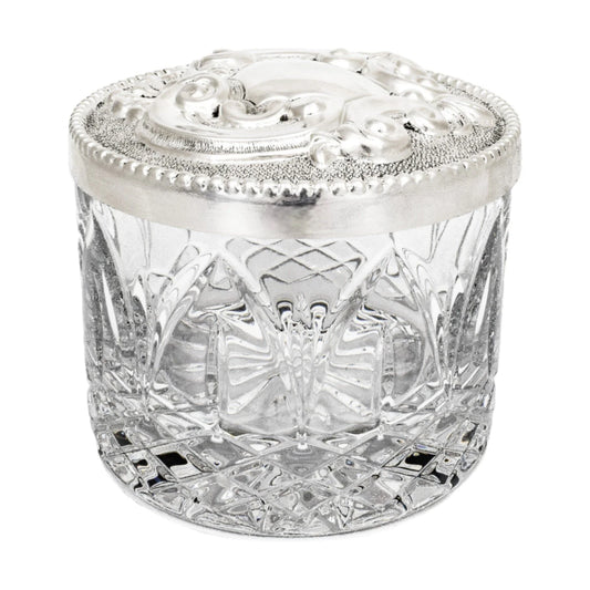 Vintage Carrs sterling silver Atlantis lead crystal large round vanity dressing table box