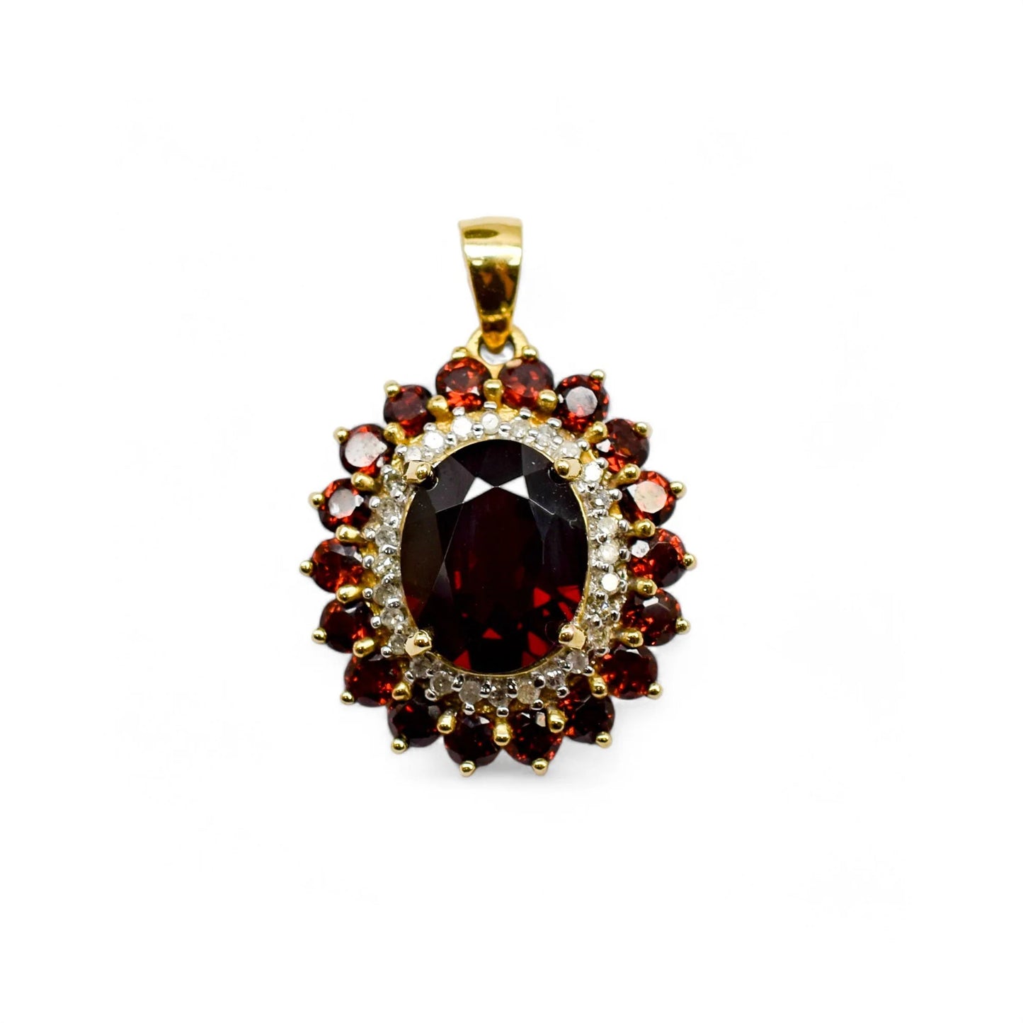 Vintage 9ct gold pendant with oval garnet, diamond halo, and garnet cluster