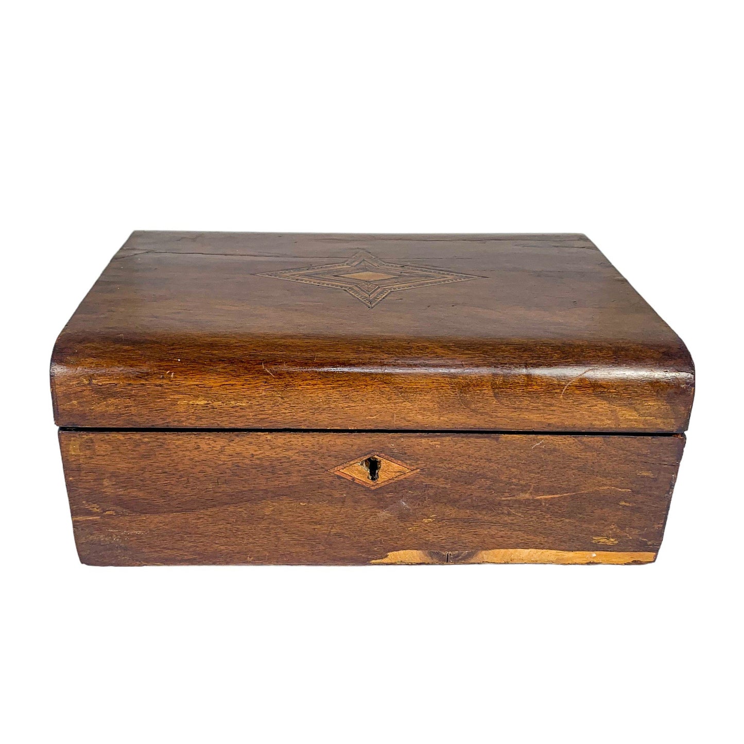 Victorian walnut workbox / jewellery storage box with working key and lift out lid