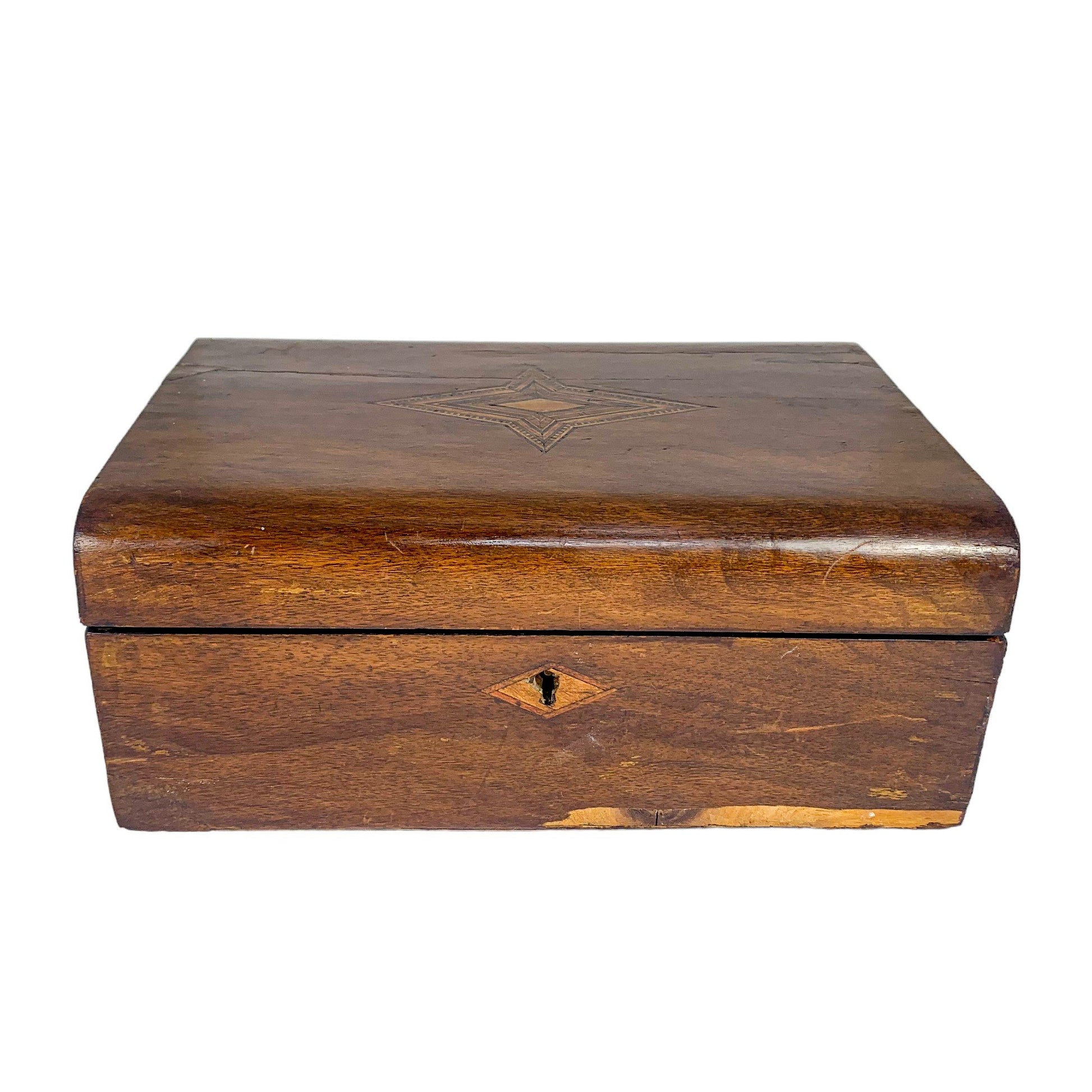 Victorian walnut workbox / jewellery storage box with working key and lift out lid