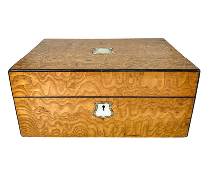 Victorian burr walnut jewellery workbox with lift-out tray and mother of pearl escutcheon