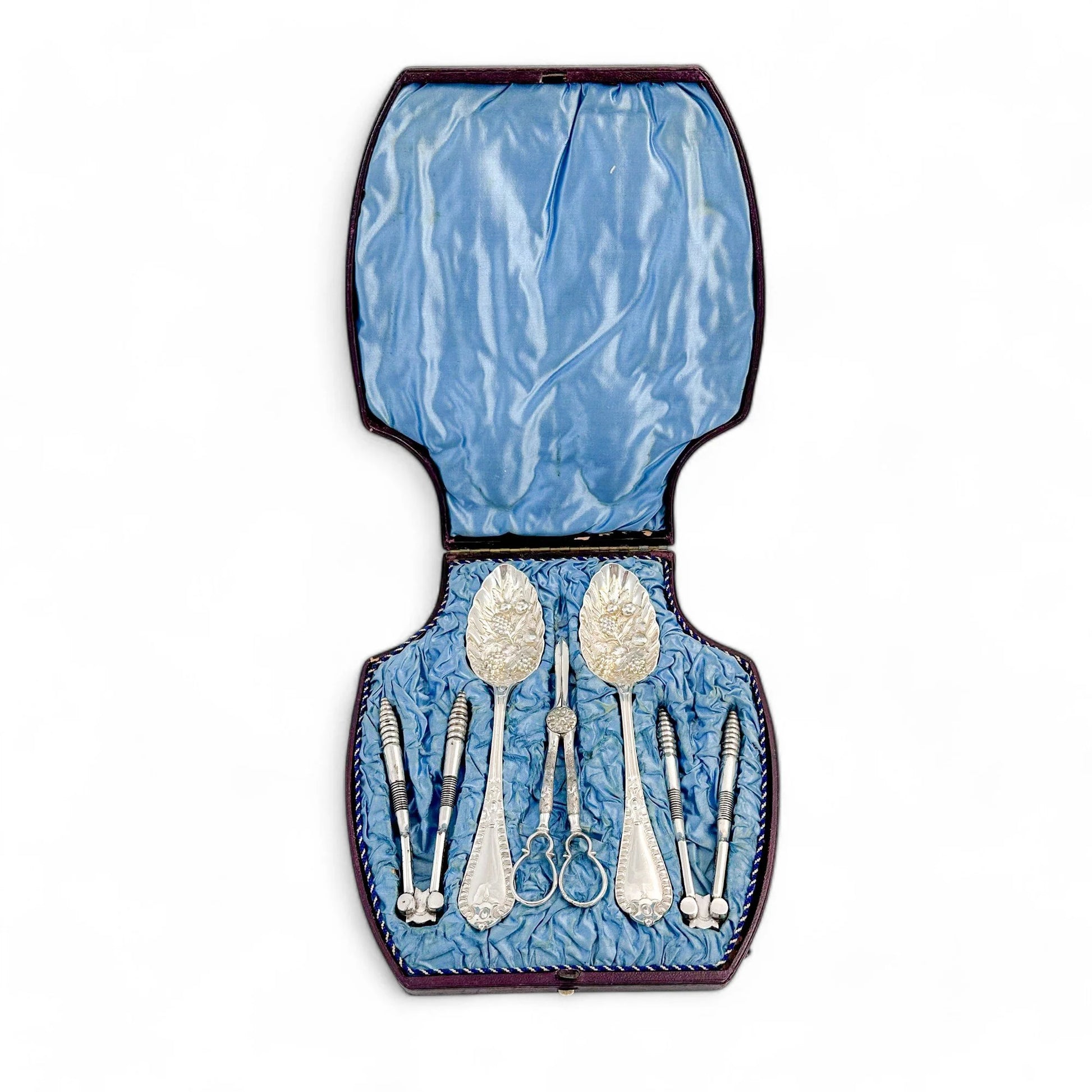 Victorian silver plate Walker & Hall boxed dessert serving cutlery set; Christmas nutcrackers and grape scissors